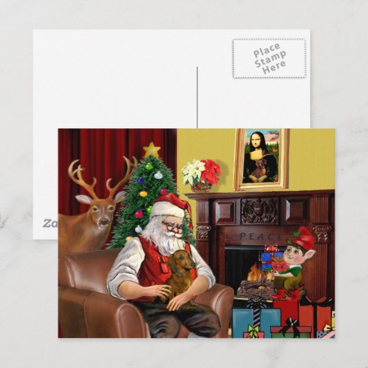 Santa's Bruin/Rode Teckel Feestdagenkaart (Voorkant / Achterkant)