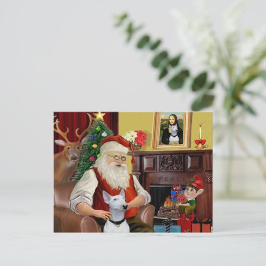 Santa's Bull Terrier (wit) Feestdagenkaart (Staand voorkant)