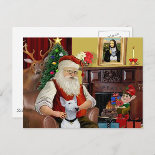 Santa's Bull Terrier (wit) Feestdagenkaart (Voorkant / Achterkant)