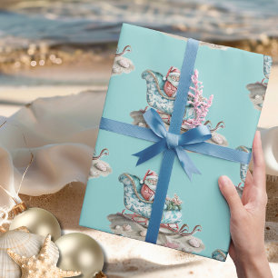 Santa's Chinoiserie Sleigh op het strand blauwgroe Cadeaupapier