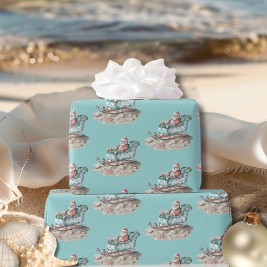 Santa's Chinoiserie Sleigh op het strand blauwgroe Cadeaupapier