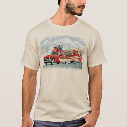 Santa's Classic Car + Camper Christmas T-Shirt (Voorkant)