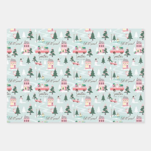 Santa's Comin to Town Pink Retro Van Wrapping Inpakpapier Vel (Voorkant)