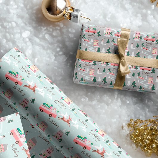 Santa's Comin to Town Pink Retro Van Wrapping Inpakpapier Vel