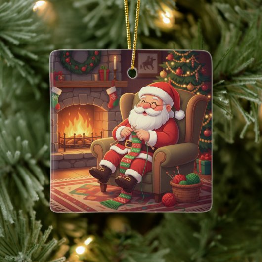 "Santa's Cozy Knitting Nook" Personalized Keramisch Ornament (Boom)