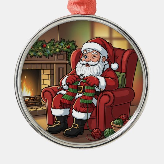 "Santa's Cozy Knitting Nook" Personalized Metalen Ornament (Voorkant)