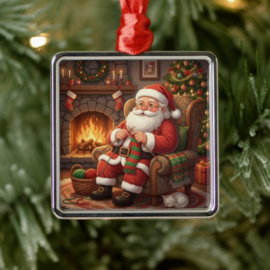 "Santa's Cozy Knitting Nook" Personalized Metalen Ornament (Boom)