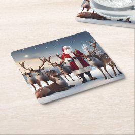 Santa's Crew: Kerstman poseert met rendieren Kartonnen Onderzetters