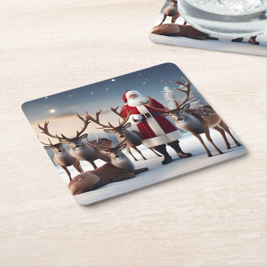 Santa's Crew: Kerstman poseert met rendieren Kartonnen Onderzetters (Schuin)