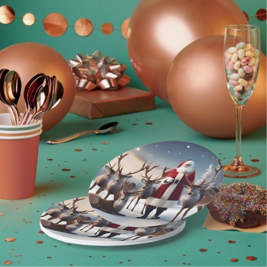 Santa's Crew: Kerstman poseert met rendieren Papieren Bordje (Multi)