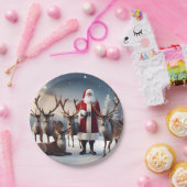 Santa's Crew: Kerstman poseert met rendieren Papieren Bordje (Feest)