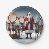 Santa's Crew: Kerstman poseert met rendieren Papieren Bordje (Voorkant)