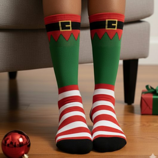 Santa's Elf Christmas Red Striped Green Sokken