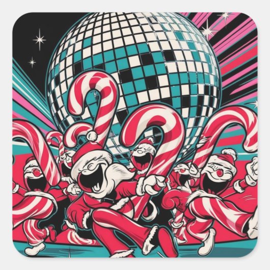 Santa's Elves Candy Canes dansen onder een disco b Vierkante Sticker (Voorkant)