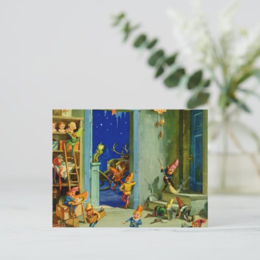 Santa's Elves werken in zijn werkplaats op de Noor Feestdagenkaart (Staand voorkant)