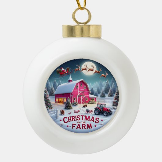 Santa's Farmhouse Kerstvakantie Rustiek Vakantie Keramische Bal Ornament (Voorkant)