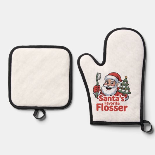 Santa's favoriete Flosser kerst tandarts Ovenwant & Pannenlap Set (Voorkant)