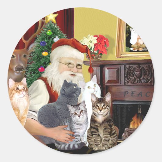 Santa's Five Cats Ronde Sticker (Voorkant)