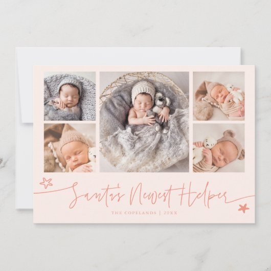 Santa's Helper Christmas Peach Birth Announcement Feestdagenkaart (Voorkant)