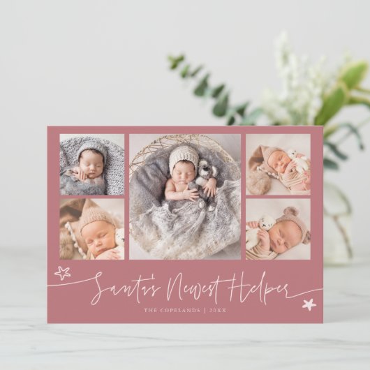 Santa's Helper Christmas Pink Birth Announcement Feestdagenkaart (Staand voorkant)
