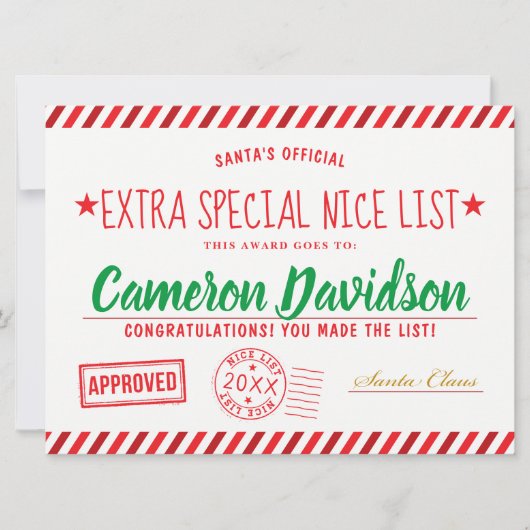 Santa's Kerstfeest, Nice List Award Kaart (Voorkant)