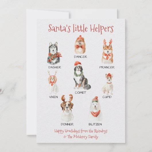 Santa's kleine helpers Dog Reindeer namen Feestdagenkaart (Voorkant)