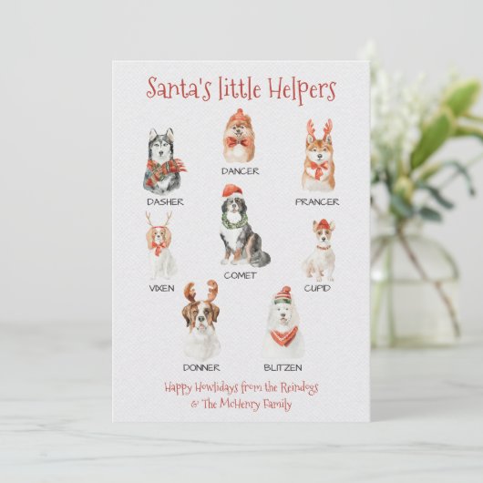 Santa's kleine helpers Dog Reindeer namen Feestdagenkaart (Staand voorkant)