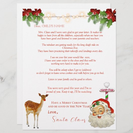 Santa's Letter Reindeer North Pole Red Bows (Voorkant / Achterkant)