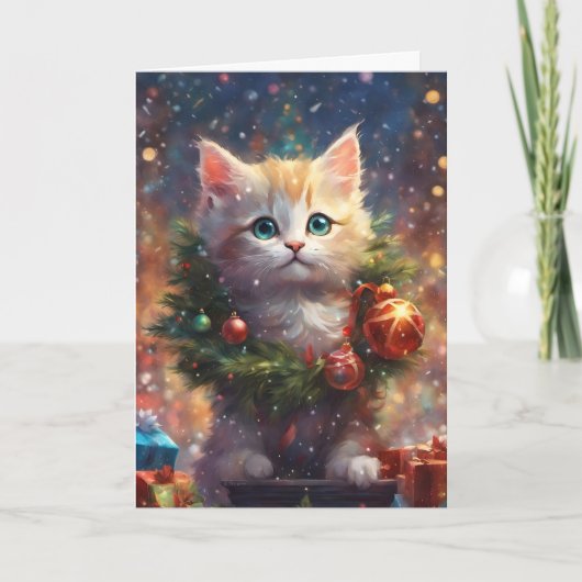 Santa's Little Helper Schattige Kitten Holiday Art Feestdagen Kaart (Voorkant)