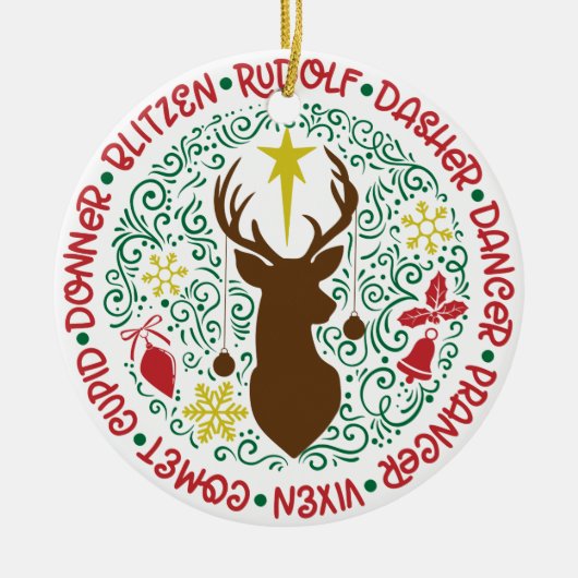 Santa's Magical Flying Reindeer Names | Kerstmis Keramisch Ornament (Voorkant)