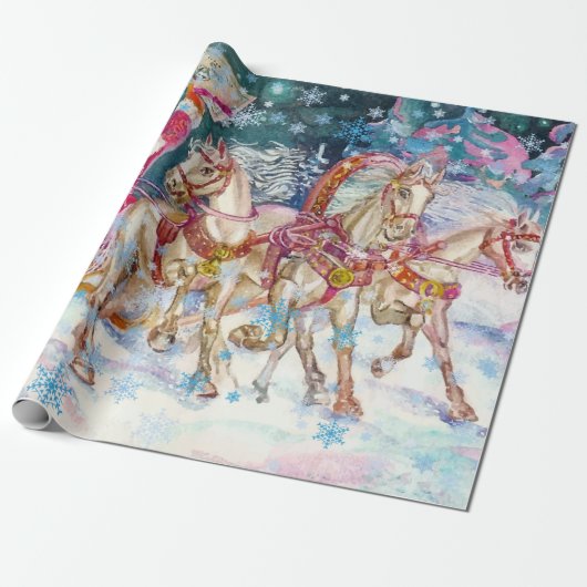 Santa's Magical Horse Sleigh Sneeuwnacht Cadeaupapier (Uitgerold)