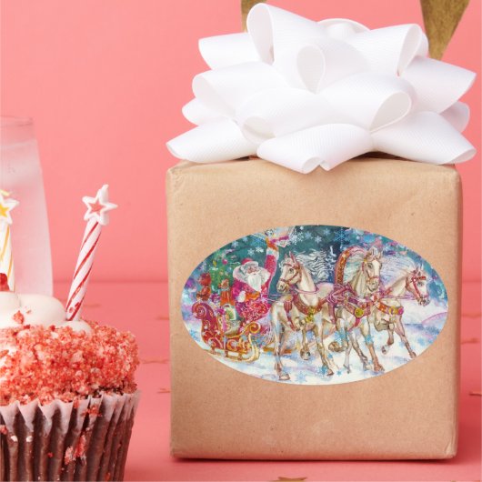 Santa's Magical Horse Sleigh Sneeuwnacht Ovale Sticker (Feest)