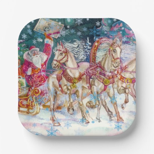 Santa's Magical Horse Sleigh Sneeuwnacht Papieren Bordje (Voorkant)