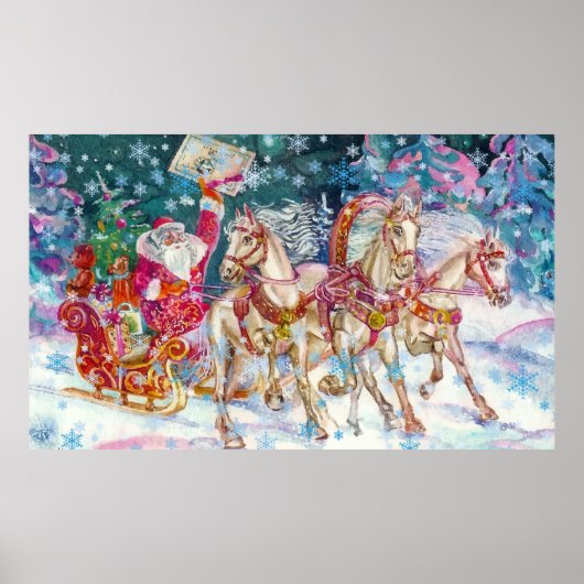 Santa's Magical Horse Sleigh Sneeuwnacht Poster (Voorkant)