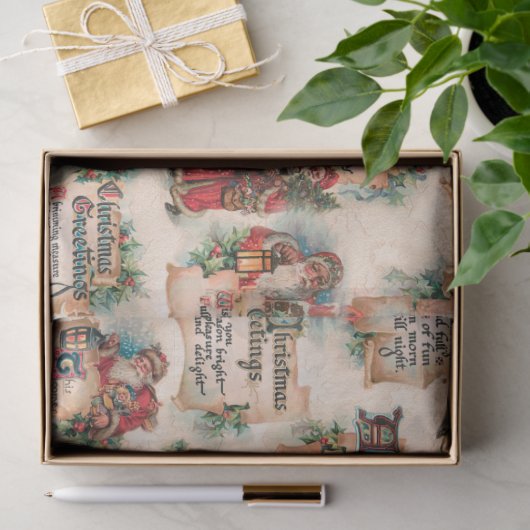  Santas met kerstcadeautjes en Holly Tissuepapier