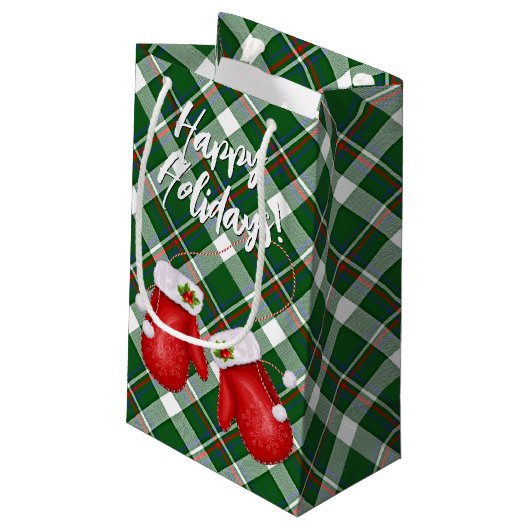 Santas Mittens over het rode groene spelpatroon Klein Cadeauzakje (Achterkant Gekanteld)