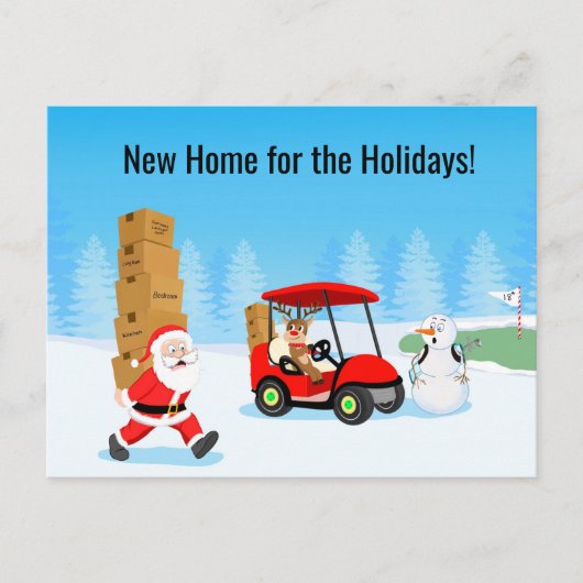 Santa's Moving Boxes with Reindeer on Golf Course Aankondigingskaart (Voorkant)