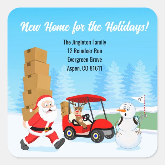 Santa's Moving Boxes with Reindeer on Golf Course Vierkante Sticker (Voorkant)