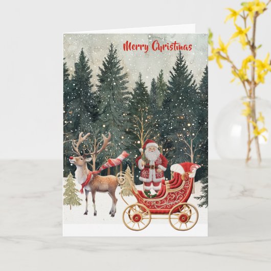 Santa's New Sleigh Faux Borduurwerk Vrolijk Kerstf Kaart (Gele Bloem)