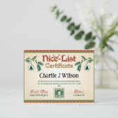 Santa's Nice List Certificaat. Bewerkbare naam. Feestdagenkaart (Staand voorkant)