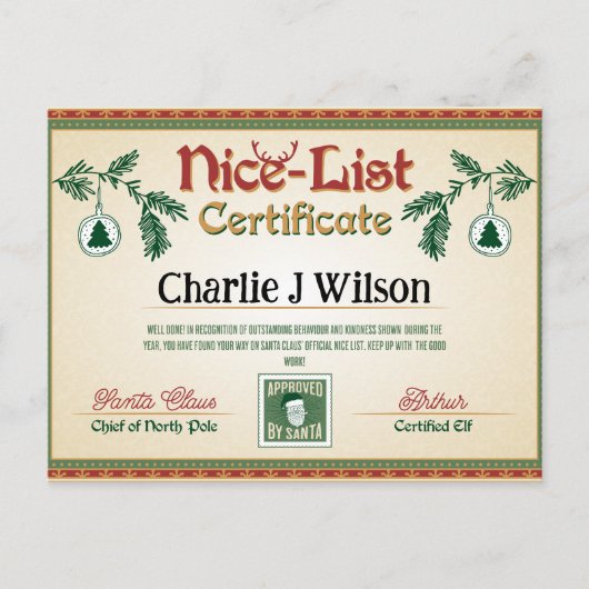 Santa's Nice List Certificaat. Bewerkbare naam. Feestdagenkaart (Voorkant)