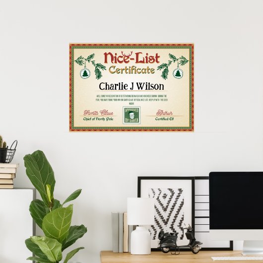 Santa's Nice List Certificaat. Bewerkbare naam. Poster (Thuiskantoor)