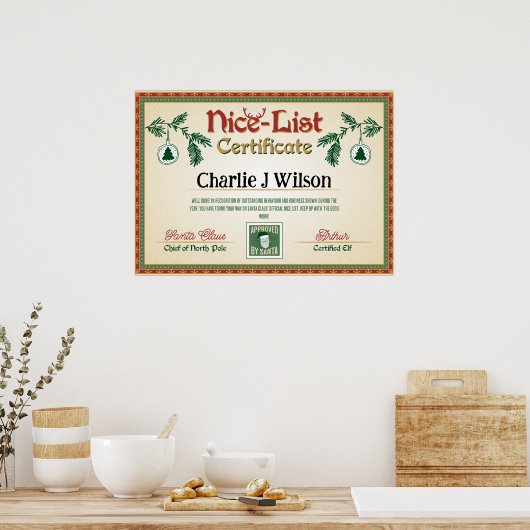 Santa's Nice List Certificaat. Bewerkbare naam. Poster (Keuken)