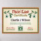 Santa's Nice List Certificaat. Bewerkbare naam. Poster (Voorkant)
