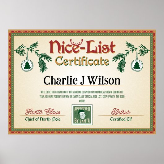 Santa's Nice List Certificaat. Bewerkbare naam. Poster (Voorkant)