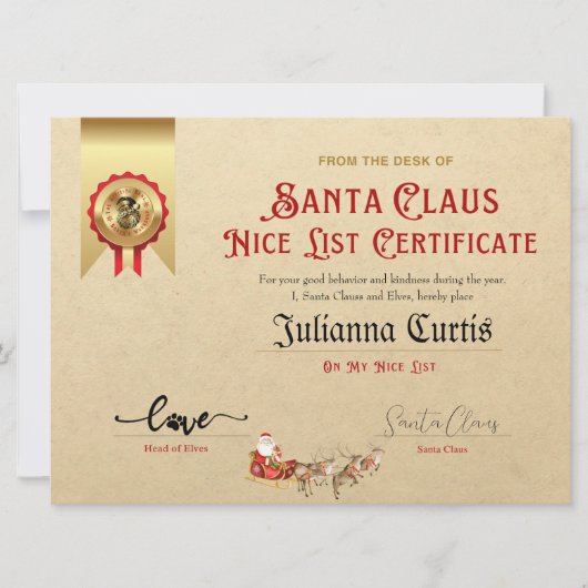 Santa's Nice List Certificaatuitnodiging Feestdagenkaart (Voorkant)