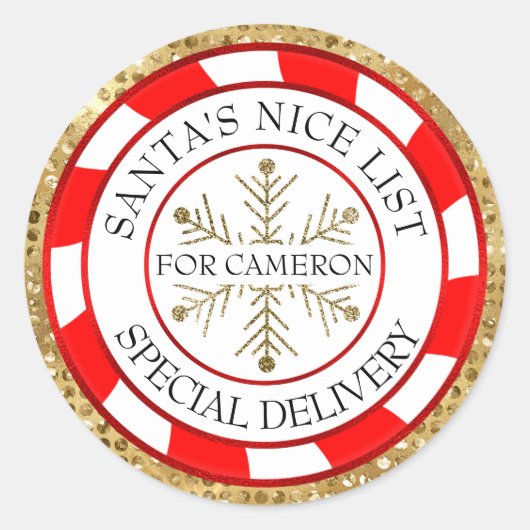 Santa's Nice List Gold Seal Custom Naam Kerstmis Ronde Sticker (Voorkant)