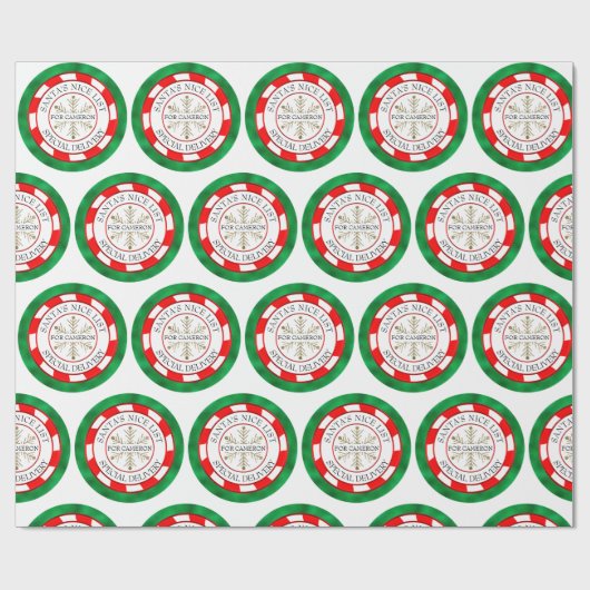 Santa's Nice List Groene Seal Custom Naam Kerstmis Cadeaupapier (Vlak)