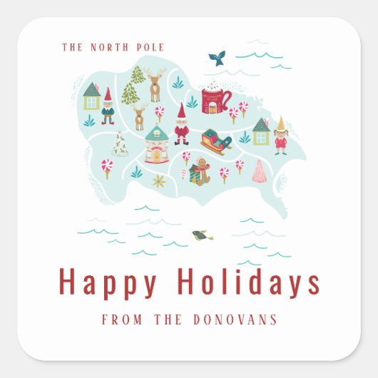 Santa's North Pole Village Kaart Kerstmis Vierkante Sticker (Voorkant)