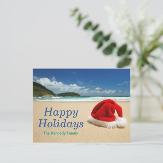 Santa's pet op het strand feestdagenkaart (Staand voorkant)